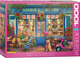Eurographics jigsaw puzzle titled 'Books & Coffee' featuring a charming café scene. The illustration shows a cozy cafe with a blue storefront, potted flowers, and books visible through the windows. A friendly golden retriever sits at the entrance with a pink scooter nearby, creating a welcoming atmosphere. This 1000-piece puzzle captures a delightful mix of books, coffee, and pastries, perfect for puzzle lovers and café enthusiasts alike.