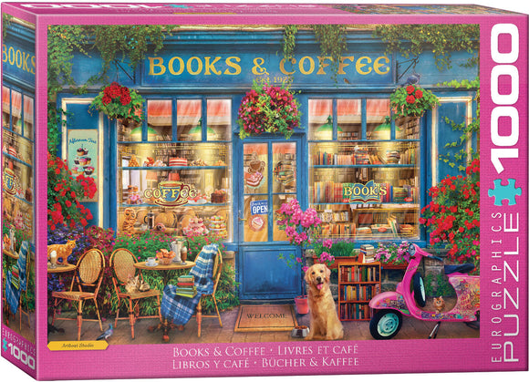 Eurographics jigsaw puzzle titled 'Books & Coffee' featuring a charming café scene. The illustration shows a cozy cafe with a blue storefront, potted flowers, and books visible through the windows. A friendly golden retriever sits at the entrance with a pink scooter nearby, creating a welcoming atmosphere. This 1000-piece puzzle captures a delightful mix of books, coffee, and pastries, perfect for puzzle lovers and café enthusiasts alike.