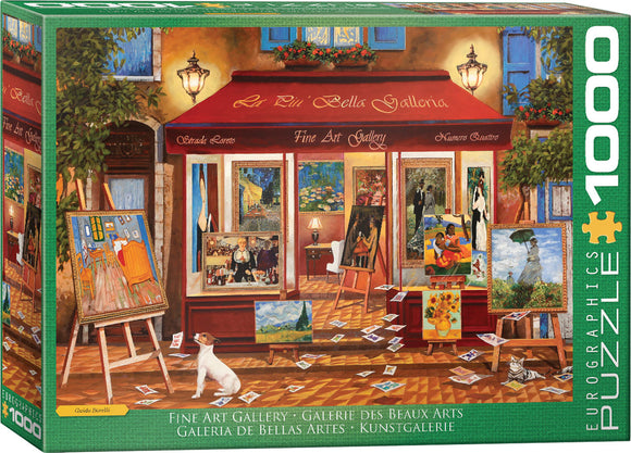 A beautiful jigsaw puzzle box featuring a Fine Art Gallery scene. The artwork displays an inviting gallery with a red awning, numerous paintings on the walls and easels, and a cheerful dog resting on the floor. The gallery showcases vibrant colors and intricate details, making it perfect for art lovers and puzzle enthusiasts. The box contains 1000 pieces for an engaging and creative experience.