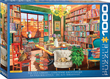 The Old Library jigsaw puzzle by Eurographics, featuring a vibrant indoor scene filled with colorful bookshelves, a cozy chair, and a serene atmosphere. The puzzle showcases a view from the window of the library, complete with a bright chandelier and decorative elements, providing an inviting setting for book lovers and puzzle enthusiasts alike.