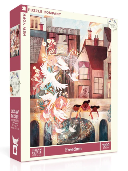 Box packaging of the 'Freedom' jigsaw puzzle by New York Puzzle Company featuring a colorful illustration of two figures by a water feature surrounded by flowers and birds, showcasing a mix of urban elements and nature. The puzzle contains 1000 pieces and measures 19 x 27 inches when completed.