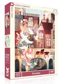 Box packaging of the 'Freedom' jigsaw puzzle by New York Puzzle Company featuring a colorful illustration of two figures by a water feature surrounded by flowers and birds, showcasing a mix of urban elements and nature. The puzzle contains 1000 pieces and measures 19 x 27 inches when completed.