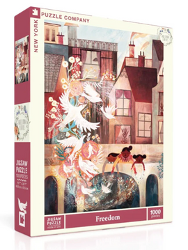 Box packaging of the 'Freedom' jigsaw puzzle by New York Puzzle Company featuring a colorful illustration of two figures by a water feature surrounded by flowers and birds, showcasing a mix of urban elements and nature. The puzzle contains 1000 pieces and measures 19 x 27 inches when completed.