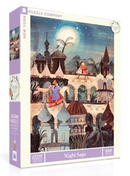 The Night Saga jigsaw puzzle by New York Puzzle Company features a whimsical nighttime scene filled with colorful architecture, characters in vibrant clothing, and a starry sky. This 500-piece puzzle is beautifully illustrated and perfect for puzzle enthusiasts of all ages.