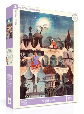 The Night Saga jigsaw puzzle by New York Puzzle Company features a whimsical nighttime scene filled with colorful architecture, characters in vibrant clothing, and a starry sky. This 500-piece puzzle is beautifully illustrated and perfect for puzzle enthusiasts of all ages.