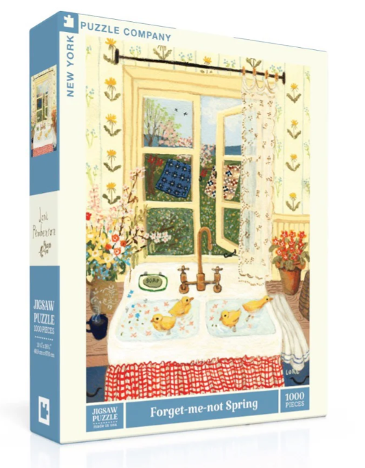 Forget-Me-Not Spring jigsaw puzzle by New York Puzzle Company featuring an idyllic kitchen scene with a window view, fresh flowers, and playful yellow ducks in a sink. The artwork is vibrant and colorful, inviting a joyful spring atmosphere. The puzzle consists of 1000 pieces.