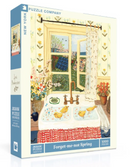 Forget-Me-Not Spring jigsaw puzzle by New York Puzzle Company featuring an idyllic kitchen scene with a window view, fresh flowers, and playful yellow ducks in a sink. The artwork is vibrant and colorful, inviting a joyful spring atmosphere. The puzzle consists of 1000 pieces.