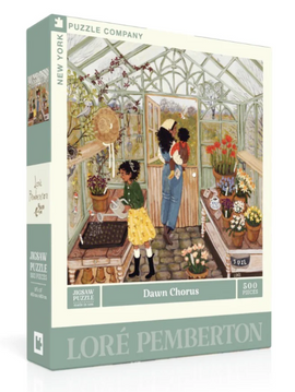 The 'Dawn Chorus' jigsaw puzzle by New York Puzzle Company features a colorful illustration of a greenhouse filled with various flowers and plants. Two children are depicted interacting inside the greenhouse, with one child holding a plant and the other looking at flowers. The box showcases vibrant artwork by Loré Pemberton, categorized as a 500-piece jigsaw puzzle.
