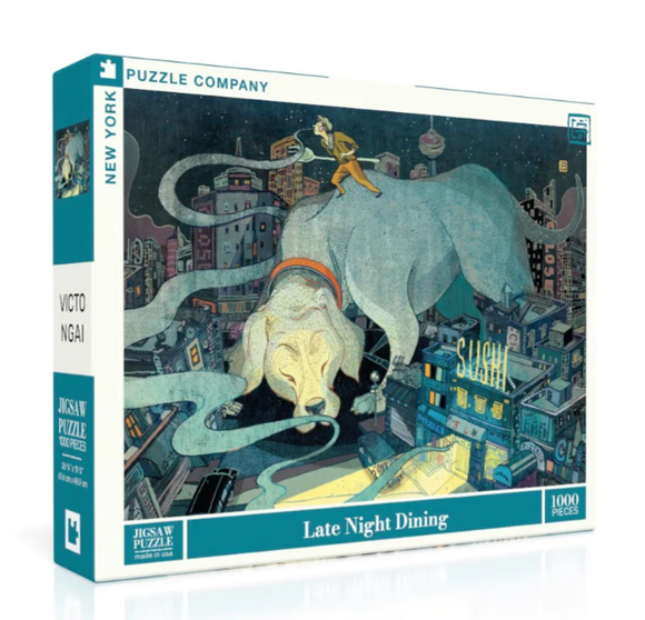 A vibrant jigsaw puzzle titled 'Late Night Dining' by New York Puzzle Company, created by artist Victo Ngai. The artwork depicts a whimsical scene featuring a giant dog and a tiny figure exploring a bustling city at night, surrounded by glowing signs and colorful buildings. This 1000-piece puzzle offers a unique blend of fantasy and urban life, perfect for puzzle enthusiasts and art lovers alike.