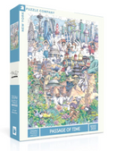 A colorful jigsaw puzzle box titled 'Passage of Time' by New York Puzzle Company. The illustration on the box features various iconic landmarks and historical figures, showcasing a blend of cultures and time periods. The puzzle contains 1000 pieces, designed for avid puzzle enthusiasts with intricate imagery and detailed artwork.