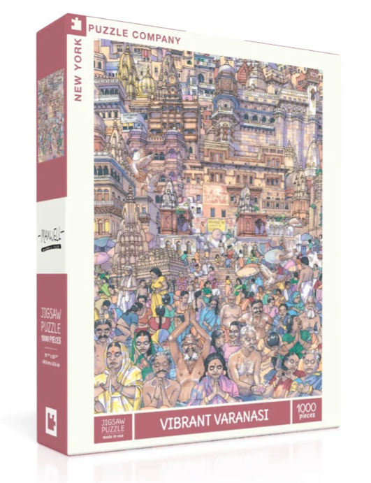 Vibrant Varanasi jigsaw puzzle by New York Puzzle Company featuring a colorful depiction of the bustling streets and cultural scenery of Varanasi, India, with intricate details and 1000 pieces. The box design showcases the vivid artwork and the excitement of the diverse populace.