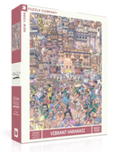Vibrant Varanasi jigsaw puzzle by New York Puzzle Company featuring a colorful depiction of the bustling streets and cultural scenery of Varanasi, India, with intricate details and 1000 pieces. The box design showcases the vivid artwork and the excitement of the diverse populace.