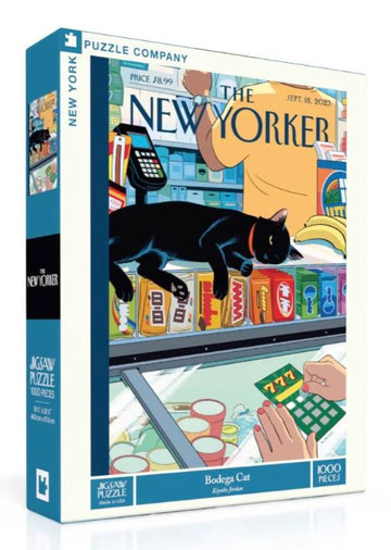 The Bodega Cat jigsaw puzzle box features an illustration of a black cat lounging atop a grocery store counter, surrounded by colorful products. The design reflects a lively bodega scene, capturing the essence of urban life. The puzzle consists of 1000 pieces and showcases art by Kyril Jordan, making it a vibrant addition to any puzzle collection.