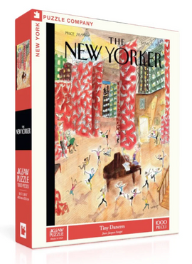 The Tiny Dancers jigsaw puzzle by New York Puzzle Company features a lively illustration of small dancers performing in a colorful, whimsical setting. The packaging showcases vibrant reds and unique patterns, creating an engaging visual appeal. The puzzle consists of 1000 pieces, providing a delightful challenge for puzzle enthusiasts and art lovers alike.