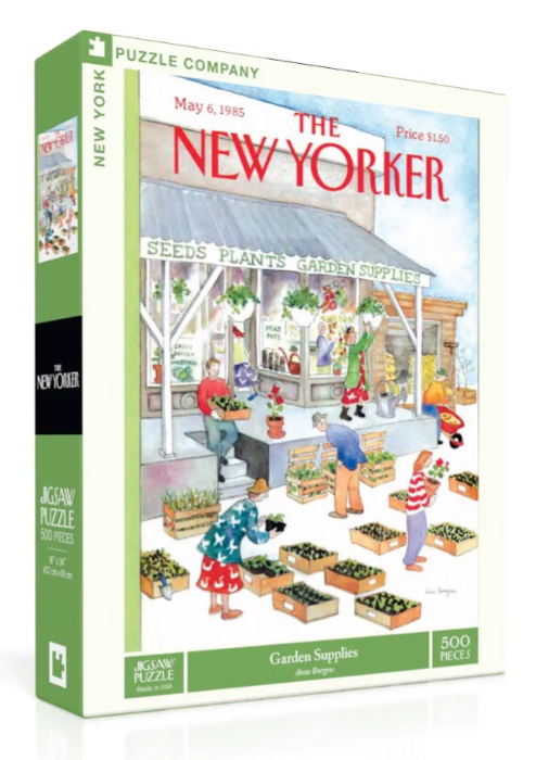 Garden Supplies jigsaw puzzle by New York Puzzle Company featuring a colorful scene based on a New Yorker magazine cover from May 6, 1985. The illustration depicts various characters at a lively market for gardening supplies, surrounded by pots of plants and flowers. The puzzle consists of 500 pieces, emphasizing joyful gardening themes and vibrant details.