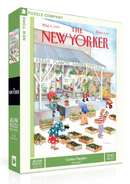 Garden Supplies jigsaw puzzle by New York Puzzle Company featuring a colorful scene based on a New Yorker magazine cover from May 6, 1985. The illustration depicts various characters at a lively market for gardening supplies, surrounded by pots of plants and flowers. The puzzle consists of 500 pieces, emphasizing joyful gardening themes and vibrant details.
