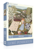 The Buttercup jigsaw puzzle box by New York Puzzle Company features a charming illustration by Loré Pemberton. The scene depicts a pastoral landscape with a woman and a child among colorful laundry hung on a line, surrounded by flowers, cows grazing in the distance, and a serene countryside setting. The puzzle contains 500 pieces, making it a delightful challenge for puzzle enthusiasts.