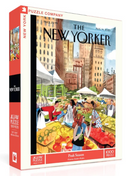 Peak Season jigsaw puzzle by New York Puzzle Company featuring a vibrant New Yorker magazine cover illustration of a bustling outdoor market filled with colorful fruits and vegetables, showcasing a lively scene with vendors and shoppers. The puzzle consists of 1000 pieces and measures 24 x 18 inches when assembled.