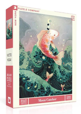Moon Catcher jigsaw puzzle by New York Puzzle Company featuring an artistic illustration of a fish and swirling waves. The puzzle contains 500 pieces and showcases vibrant colors and intricate details.