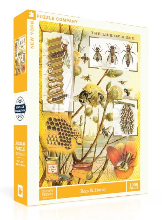 A jigsaw puzzle titled 'Bees & Honey' by New York Puzzle Company, featuring a vibrant illustration of bees, honeycombs, and honey jars. The box showcases a vintage design with educational depictions of bee life, perfect for puzzle enthusiasts and nature lovers.