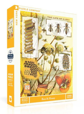 A jigsaw puzzle titled 'Bees & Honey' by New York Puzzle Company, featuring a vibrant illustration of bees, honeycombs, and honey jars. The box showcases a vintage design with educational depictions of bee life, perfect for puzzle enthusiasts and nature lovers.