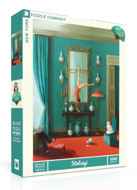 The Kintsugi jigsaw puzzle by New York Puzzle Company features a vibrant and whimsical image with a figure performing an acrobatic pose in a brightly colored room adorned with decorative elements like vases, a cat, and elegant furniture. This 1000-piece puzzle combines artistry and challenge, making it perfect for puzzle enthusiasts.