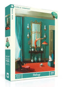 The Kintsugi jigsaw puzzle by New York Puzzle Company features a vibrant and whimsical image with a figure performing an acrobatic pose in a brightly colored room adorned with decorative elements like vases, a cat, and elegant furniture. This 1000-piece puzzle combines artistry and challenge, making it perfect for puzzle enthusiasts.