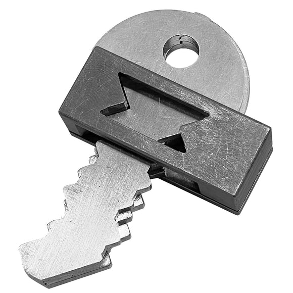 The Cast Key 3 by Hanayama is a sleek, metallic mechanical puzzle shaped like a key. Its intricate design includes a notched edge and a unique keyhole feature, inviting puzzlers to explore its multiple layers and unlock its secrets. The surface of the key has a shiny finish, showcasing its craftsmanship and adding a touch of sophistication.