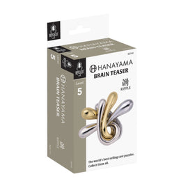 Hanayama Cast Ripple mechanical puzzle featuring a challenging design with intricate metal parts in gold and silver, packaged in a stylish box marked as Level 5 for difficulty. Ideal for puzzle enthusiasts seeking brain-teasing fun.