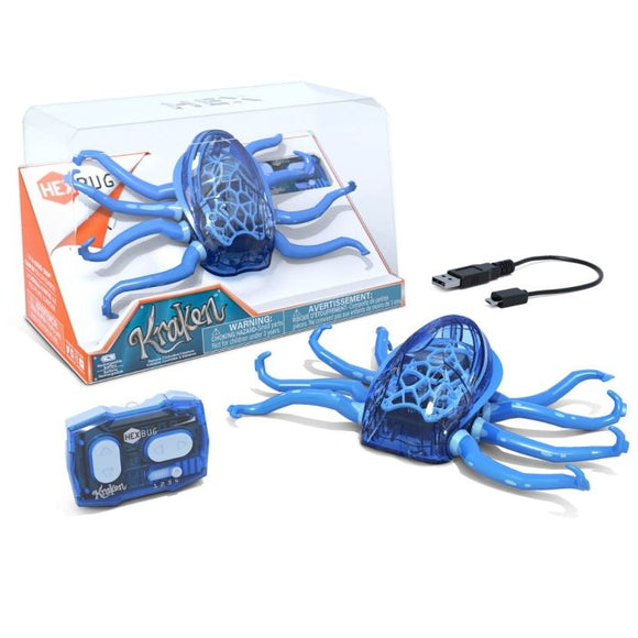 The HEXBUG Kraken, Robotic Mythica is a detailed blue robotic octopus with moveable limbs, packaged in a clear box. It includes a remote control and charging cable, designed for interactive play and exploration.