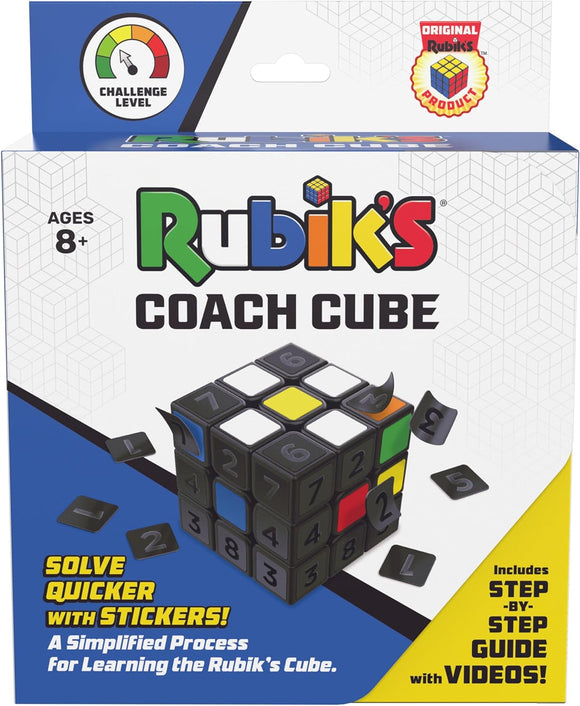 Rubik's Coach Cube by Spin Master, featuring a colorful puzzle with numbered stickers. The packaging includes a challenge level indicator and promises a simplified process for learning to solve the cube, along with step-by-step guides and videos. Ideal for ages 8 and up, this educational game enhances problem-solving skills.