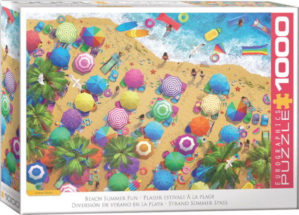 EuroGraphics Beach Summer Fun jigsaw puzzle featuring a vibrant beach scene filled with colorful umbrellas, beachgoers, surfboards, and a clear blue ocean. This 1000-piece puzzle captures the essence of summer leisure and enjoyment.