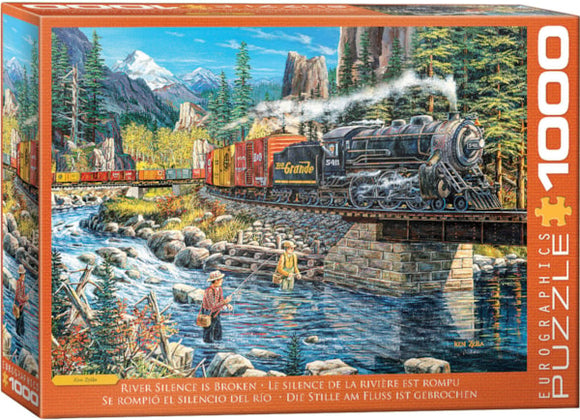 Box cover of the jigsaw puzzle 'River Silence is Broken' by Ken, produced by EuroGraphics. The artwork depicts a scenic landscape featuring a steam locomotive crossing a bridge over a river, surrounded by lush trees, mountains, and two individuals fishing by the water. The vibrant colors and intricate details capture the essence of a tranquil natural setting, inviting puzzle enthusiasts to recreate this picturesque scene.