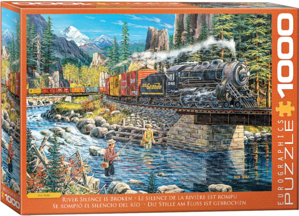 Box cover of the jigsaw puzzle 'River Silence is Broken' by Ken, produced by EuroGraphics. The artwork depicts a scenic landscape featuring a steam locomotive crossing a bridge over a river, surrounded by lush trees, mountains, and two individuals fishing by the water. The vibrant colors and intricate details capture the essence of a tranquil natural setting, inviting puzzle enthusiasts to recreate this picturesque scene.