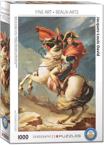 A high-quality jigsaw puzzle featuring Jacques-Louis David's iconic painting 'Napoleon Crossing the Alps.' The box showcases the artwork of Napoleon on horseback, with dramatic clouds and a mountainous background. This 1000-piece puzzle is part of EuroGraphics' Fine Art series, offering a challenging and rewarding experience for art lovers and puzzle enthusiasts.