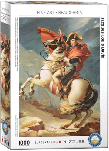 A high-quality jigsaw puzzle featuring Jacques-Louis David's iconic painting 'Napoleon Crossing the Alps.' The box showcases the artwork of Napoleon on horseback, with dramatic clouds and a mountainous background. This 1000-piece puzzle is part of EuroGraphics' Fine Art series, offering a challenging and rewarding experience for art lovers and puzzle enthusiasts.