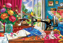 A vibrant jigsaw puzzle featuring a sewing-themed scene. The illustration includes a vintage sewing machine, colorful flowers, a bird cage, and a scenic view from a window, with various sewing tools and a vintage phone on a wooden table.