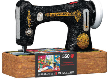 EuroGraphics Sewing Machine Tin jigsaw puzzle featuring a beautifully designed vintage sewing machine. The puzzle consists of 550 pieces and showcases intricate artwork that includes sewing memories. Perfect for craft lovers and puzzle enthusiasts.