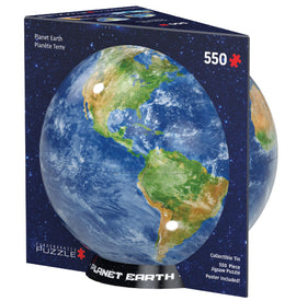 Planet Earth Jigsaw Puzzle by EuroGraphics, featuring a 550-piece design showcasing a detailed view of the Earth. The puzzle comes in a collectible tin and includes a poster.