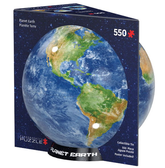 Planet Earth Jigsaw Puzzle by EuroGraphics, featuring a 550-piece design showcasing a detailed view of the Earth. The puzzle comes in a collectible tin and includes a poster.