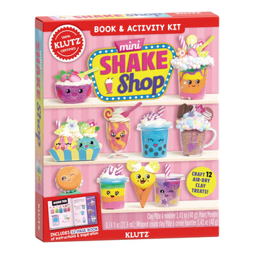 The Mini Shake Shop by Klutz is a colorful book and activity kit featuring cute clay models of various desserts like smoothies, ice cream, and cupcakes. It includes a variety of clay colors and tools to create 12 air-dry clay treats, along with a 32-page instruction book for kids to follow along and enhance their creativity.
