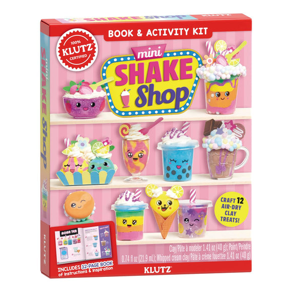 The Mini Shake Shop by Klutz is a colorful book and activity kit featuring cute clay models of various desserts like smoothies, ice cream, and cupcakes. It includes a variety of clay colors and tools to create 12 air-dry clay treats, along with a 32-page instruction book for kids to follow along and enhance their creativity.