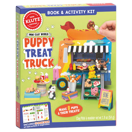 Klutz Mini Clay World Puppy Treat Truck kit features colorful packaging with playful illustrations of a food truck serving dog treats. The box includes materials to create 8 adorable clay puppies and their treats, along with a 32-page instruction book for fun DIY crafting.