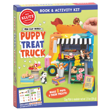 Klutz Mini Clay World Puppy Treat Truck kit features colorful packaging with playful illustrations of a food truck serving dog treats. The box includes materials to create 8 adorable clay puppies and their treats, along with a 32-page instruction book for fun DIY crafting.