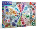 Eeboo Love of Crystals & Gems 100-piece jigsaw puzzle featuring colorful illustrations of various crystals and gems. Includes a poster and is suitable for ages 5 and up.