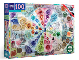 Eeboo Love of Crystals & Gems 100-piece jigsaw puzzle featuring colorful illustrations of various crystals and gems. Includes a poster and is suitable for ages 5 and up.