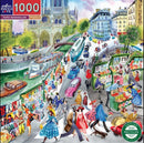 A vibrant and colorful jigsaw puzzle featuring a busy Parisian street scene. People dressed in stylish outfits stroll past book stalls filled with books, while cars and bicycles navigate the streets beside a river. The backdrop includes beautiful architecture and greenery, capturing the essence of Paris culture.