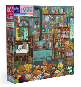 Eeboo Alchemist's Kitchen 1000-piece jigsaw puzzle, featuring a colorful and richly detailed kitchen scene filled with various fruits, bottles, and kitchenware. The design includes playful raccoons and a cat, surrounded by baskets of vegetables and an inviting window.