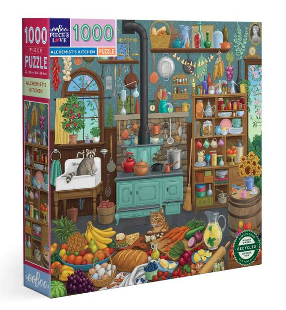 Eeboo Alchemist's Kitchen 1000-piece jigsaw puzzle, featuring a colorful and richly detailed kitchen scene filled with various fruits, bottles, and kitchenware. The design includes playful raccoons and a cat, surrounded by baskets of vegetables and an inviting window.