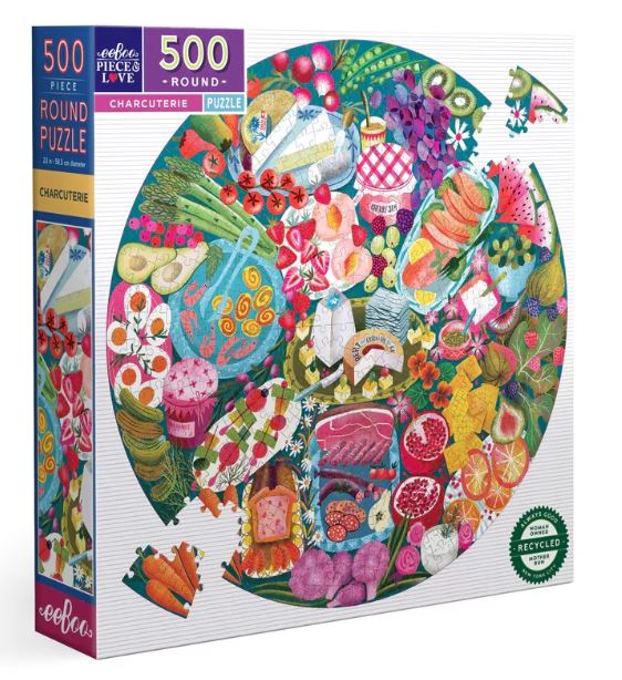 Eeboo Charcuterie 500-piece jigsaw puzzle featuring a vibrant round design filled with various colorful foods like cheeses, fruits, vegetables, and desserts, perfect for family fun and gatherings.